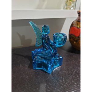 L.E. Smith Blue Angel on Star Glass Vintage Candlestick Holder 5"